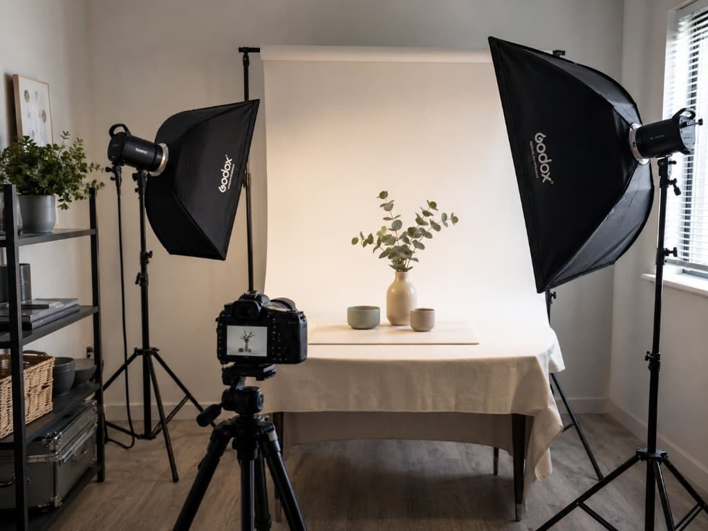 Photography studio with lighting and camera setup